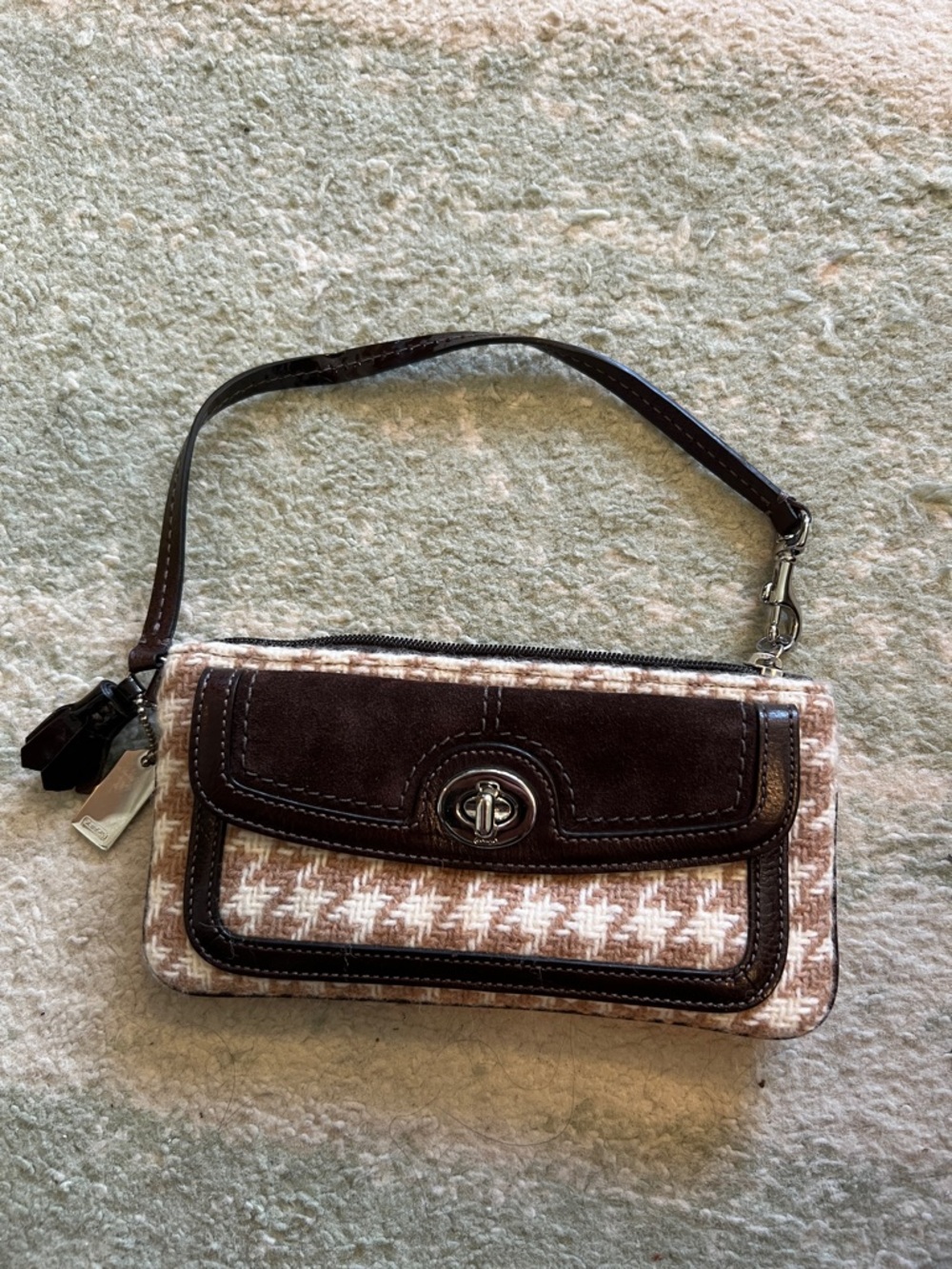 Brown Houndstooth Wristlet Clutch with Turn-Lock Detail
